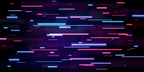 Wall Mural - Abstract neon light trails effect. Futuristic dynamic motion technology. Speed movement pattern for banner or poster design background. Vector eps10.