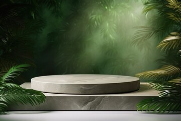 Wall Mural - natural stone podium with green leaves, empty background for product presentation concept