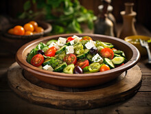 A Lush, Crisp Image Of A Mediterranean - Style Salad With Olives, Feta, Tomatoes And Cucumbers, Tossed In Olive Oil, Sitting On A Rustic Wooden Table, Natural Light