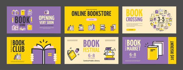 Wall Mural - Bookstore, Club, Festival and Market Horizontal Placard Poster Banner Card Template Set. Vector illustration of Book Store