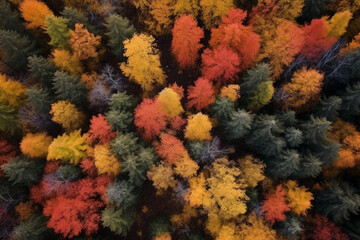 Aerial drone shot of a dense forest in autumn, vibrant foliage colors creating an abstract palette, shot on a DJI Inspire 2, at noon, polarizing filter