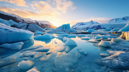 Climate change impact, striking image of melting glacier, vivid blue ice against stark barren landscape, wide angle perspective