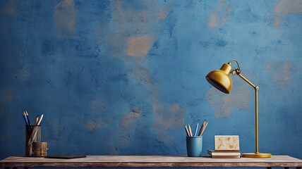 An empty desk with a lamp on top of it with background as a blue wall. Workspace concept created with Generative Ai Technology