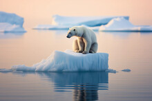 Poignant Image Of A Lonely Polar Bear On A Tiny Iceberg, Melting Arctic, Clear, Blue, Vast Ocean Around