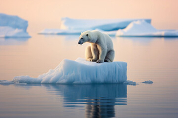 poignant image of a lonely polar bear on a tiny iceberg, melting arctic, clear, blue, vast ocean aro