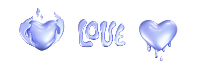 Wall Mural - 3d holographic hearts in y2k style set isolated on white background. render of 3d iridescent chrome 