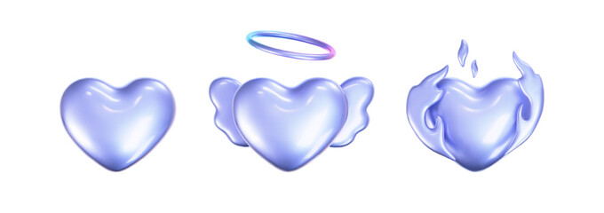 Wall Mural - 3d holographic hearts in y2k style set isolated on a white background. Render of 3d iridescent chrome hearts with fire flame, angel wings and rainbow gradient effect. 3d vector y2k illustration.