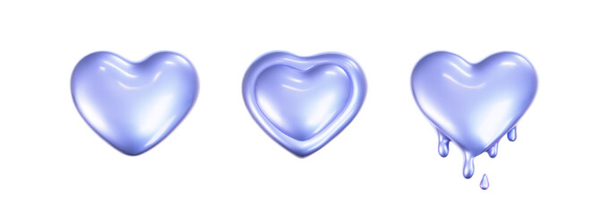 Wall Mural - 3d holographic hearts in y2k style set isolated on a white background. render of 3d iridescent chrom