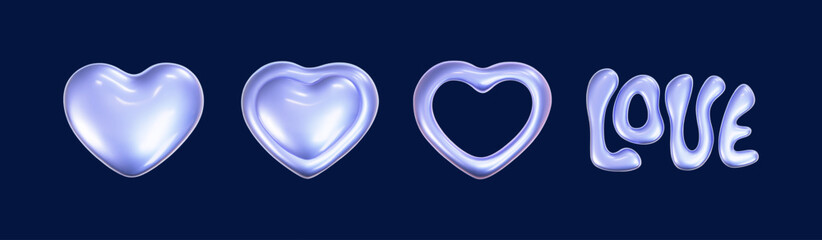 Wall Mural - 3d holographic hearts in y2k style set isolated on a dark background. render of 3d iridescent chrome