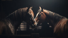 A Pair Of Two Horses Nuzzling And Cuddling Face To Face In The Stables Of A Barn With Dramatic Lighting - Generative AI
