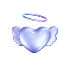 Wall Mural - 3d holographic heart icon with angel wings in y2k style isolated on a white background. Render of 3d iridescent chrome love heart emoji with rainbow gradient effect. 3d vector y2k illustration
