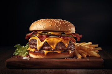 Wall Mural - Delicious Classic American Burger with Melted Cheese, Crispy Bacon, and Golden French Fries. Product Photography