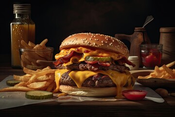 Wall Mural - Delicious Classic American Burger with Melted Cheese, Crispy Bacon, and Golden French Fries. Product Photography