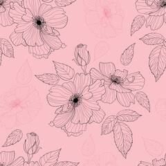 Wall Mural - Floral seamless pattern with decorative flower on pink background. Vector Illustration. Aesthetic modern art linear hand drawn for wallpaper, design, textile, packaging, decor.
