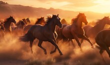  A Herd Of Horses Running Across A Dusty Field At Sunset.  Generative Ai