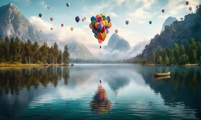 Sticker -  a painting of a lake with a boat and many balloons floating in the air.  generative ai