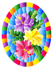 Wall Mural - An illustration in the style of a stained glass window with bright hibiscus flowers on a blue sky background , an oval image in a bright frame