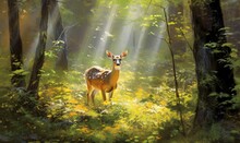  A Painting Of A Deer In A Forest With Sunbeams.  Generative Ai