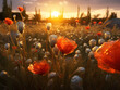 Landscape with sunrise over poppy field. Generative AI