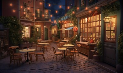 Poster -  a night scene of a patio with tables and chairs and lights.  generative ai