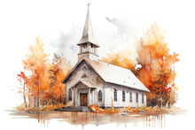 Watercolor Catholic Wooden Church In Autumn Colors On White, Wedding Background