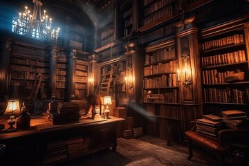 Wall Mural - Ancient elegant library interior with wooden shelfs and club sofa, generative ai