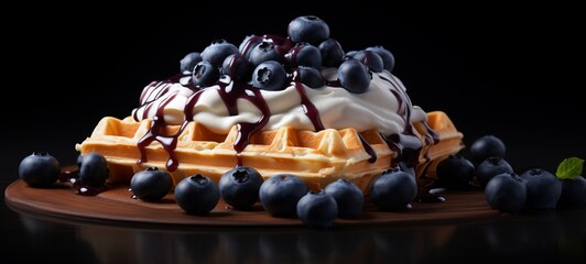 Wall Mural - Dark food photography background - Tasty stack of waffles with fresh blueberry fruits and cream topping on table (Generative Ai)