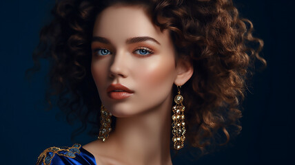 Sticker - Brunette girl with perfect makeup. Beautiful model woman with curly hairstyle. Model with jewelry on dark background, generative ai tools