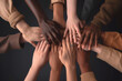 Many hands of different races and ethnicities. United for equality: Diverse youth fighting against discrimination