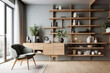 Grey barrel chair against of window and wooden shelving unit and cabinet on dark wall. Scandinavian style interior design of modern living room. Created with generative AI