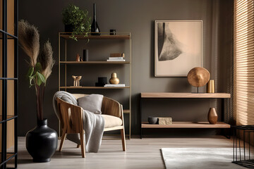 shelving unit and console table near dark wall. scandinavian style interior design of modern living 