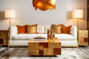 White sofa with terra cotta cushions and golden side tables. Art deco style interior design of modern living room. Created with generative AI