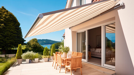 Summer terrace under a canopy of a modern house.