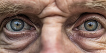 Old Senior Man Eyes, Closeup Detail To His Face, Both Iris Visible, Wrinkled Skin Near. Generative AI