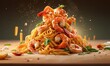  a pile of noodles with shrimp and vegetables falling out of it.  generative ai