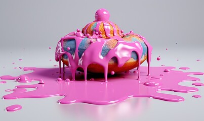 Sticker -  a donut covered in pink glaze sitting on top of a table.  generative ai