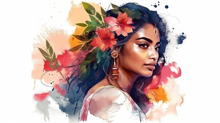 Portrait of a beautiful tan skinned indian woman with flowers in her hair. Watercolor style.