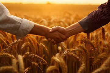 Farmer handshake with partner on the wheat corp, close up. Generative AI