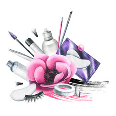 Wall Mural - Pink cosmetic beauty tools for eyelash extensions, with brushes, eyelash bundles, tweezers, patches. Watercolor illustration, hand drawn. Isolated composition on a white background