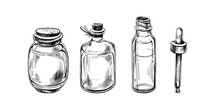 Glass Bottles With Pipette For Cosmetics, Oils, Serum. The Illustration Is Graphic Hand-drawn. Eps Vector, Isolated Objects On White Background