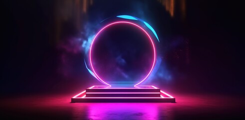 Wall Mural - background with glowing lights. futuristic stage with neon light frame and podium. generative ai