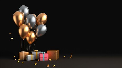 Wall Mural - balloons on black background. gift box and balloons on black background. generative ai