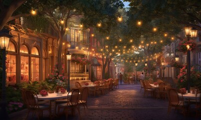 Poster -  a painting of a street with tables and chairs and lights strung from the trees.  generative ai