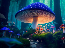Magical Mashroom In Fantasy Enchanted Fairy Tale Forest With Lots Of Brightness And Lighting, Mashroom Neon Illustration In Dark Background. Generative AI.