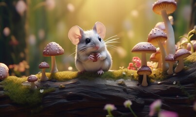 Poster -  a mouse sitting on a log in a field of mushrooms.  generative ai