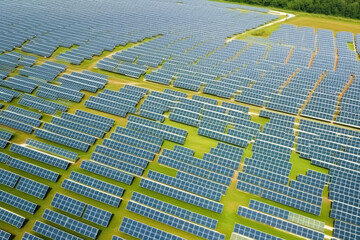 Wall Mural - solar panels plant, aerial view - rows of photovoltaic cell collectors on a landscape. green energy 