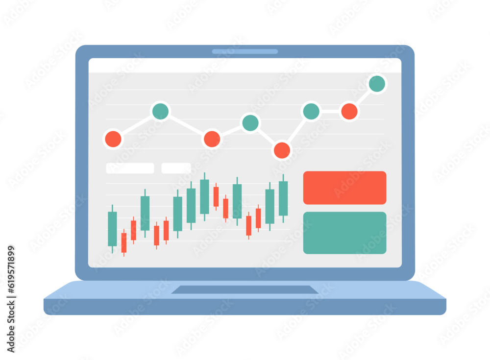 Laptop screen with diagram and charts semi flat colour vector object ...