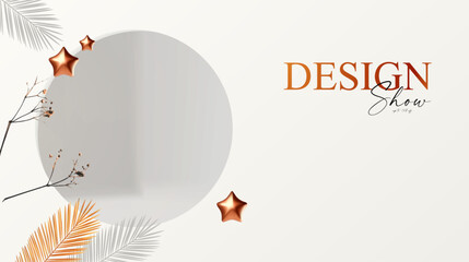 Wall Mural - 3d realistic product display design template. white scene with herbs, palm leaves and shadows and st