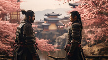 Two Japanese Samurai Holding Swords Posing For A Traditional Japanese Battle In A Cherry Blossom Garden With A Temple In The Background. 