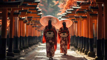 Two women in traditional kimono and umbrellas walking at Torii gates, Japan